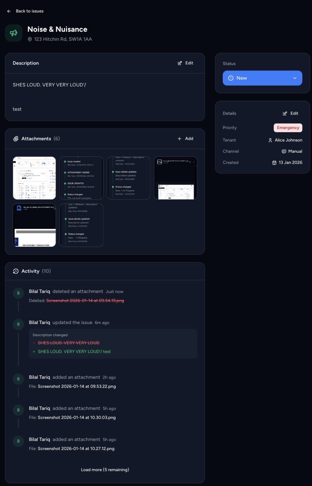 Property management issue tracking software interface